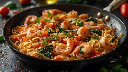 Italian pasta with greens and shrimps in a pan in a frozen flight on a black background  Sea food  Restaurant  hotel  banquet  home cooking  Healthy vegetarian food  healthy lifestyle