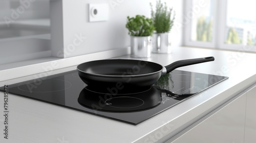 Modern Induction Stove with Ceramic Cooktop. Frying Pan on Black Cooker in White Kitchen Interior photo