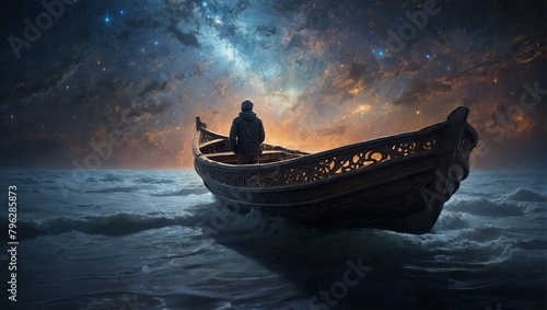 An otherworldly scene of a spectral skiff drifting silently in a void of swirling stars photo