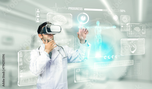 Professional doctor wearing lab coat and VR headset while looking at hologram of human organ. Skilled researcher looking and thinking about medical theory. Innovation. Blurring background. Deviation. photo