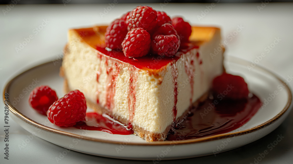 Gourmet Cheesecake Slice with Raspberry Topping and Coulis on Ceramic Plate Gourmet Cheesecake Slice with Raspberry Topping and Coulis on Ceramic Plate