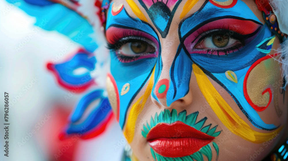 Detailed close up of a womans face, showcasing intricate face paint designs