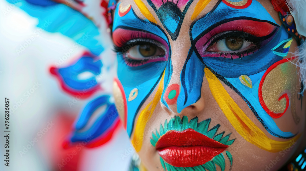 Detailed close up of a womans face, showcasing intricate face paint designs Detailed close up of a womans face, showcasing intricate face paint designs