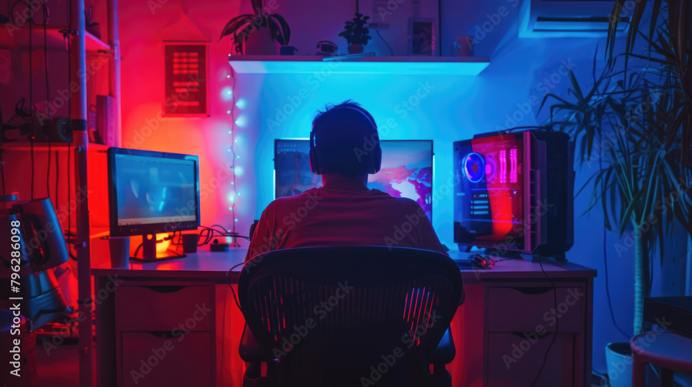 A person is seated in a chair working on a computer in this indoor setting. The individual appears focused on the screen A person is seated in a chair working on a computer in this indoor setting. The individual appears focused on the screen