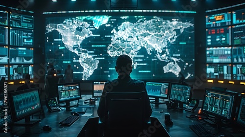 Create a high-resolution digital image showcasing a futuristic command center monitoring a global supply chain network.