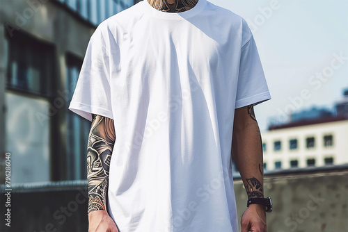 Man wearing white t-shirt on background, closeup. Mockup for design