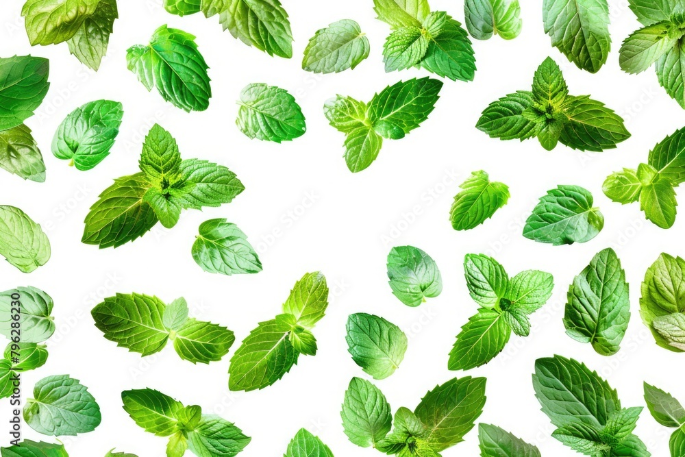 Close-up of vibrant mint leaves on a clean white backdrop. Perfect for culinary, health, or spa concepts Close-up of vibrant mint leaves on a clean white backdrop. Perfect for culinary, health, or spa concepts