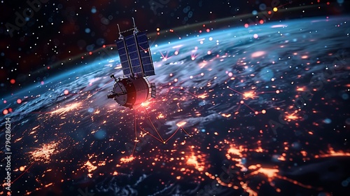 Create a high-resolution digital image that showcases a global telecommunication network with satellites orbiting the Earth, undersea cables crisscrossing the ocean floors. photo