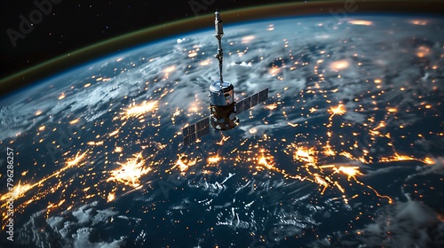 Create a high-resolution digital image that showcases a global telecommunication network with satellites orbiting the Earth, undersea cables crisscrossing the ocean floors. photo
