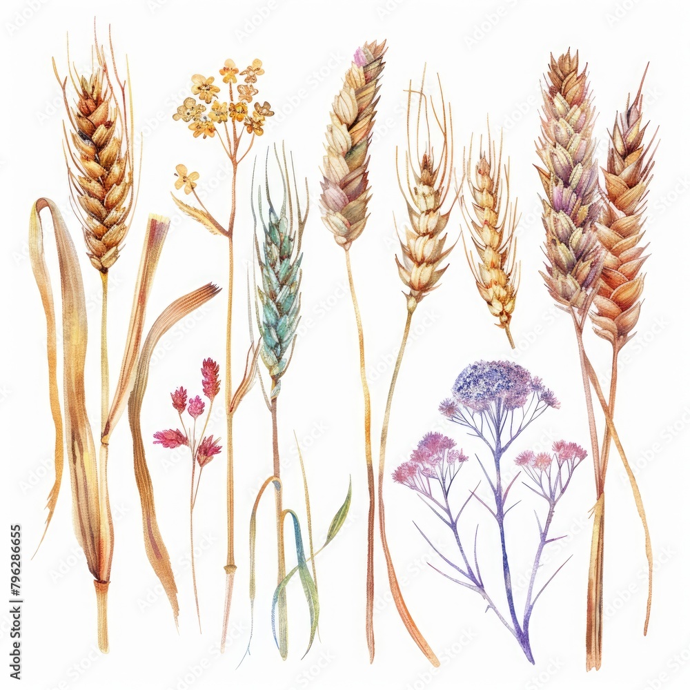 Watercolor Wheat. Hand Drawn Set of Wheat Spikelets, Grains, and Dry Flowers on White Background Watercolor Wheat. Hand Drawn Set of Wheat Spikelets, Grains, and Dry Flowers on White Background