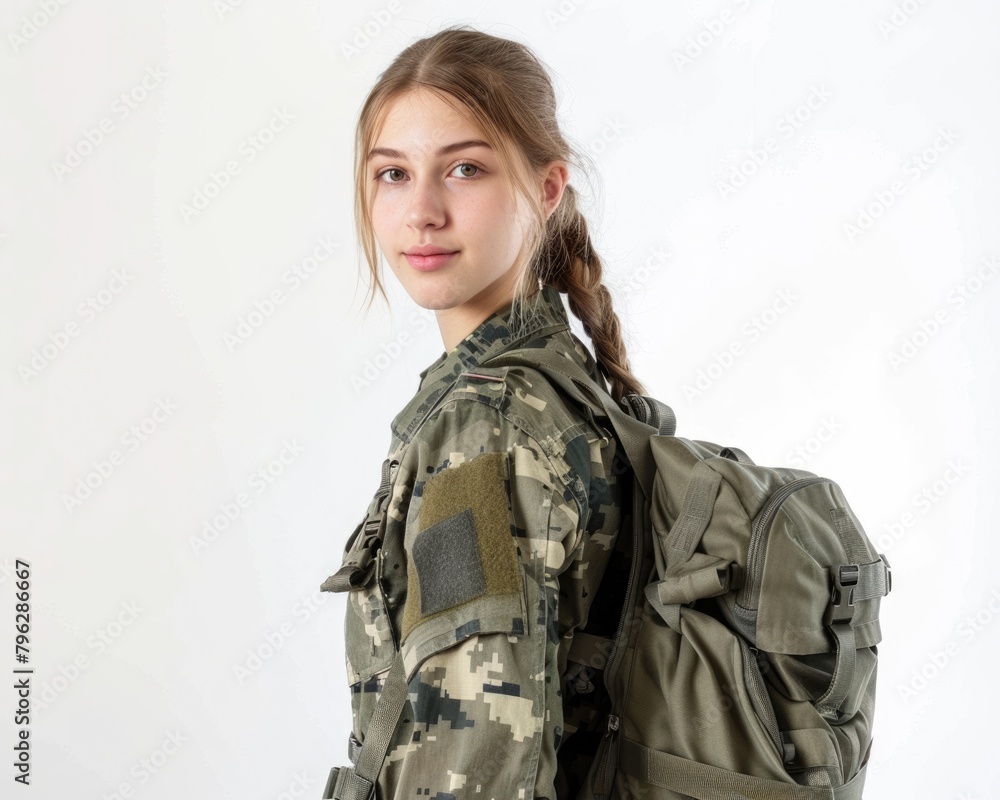 Pretty Caucasian Female Military Cadet Posing with Camouflage Bag on White Background Pretty Caucasian Female Military Cadet Posing with Camouflage Bag on White Background