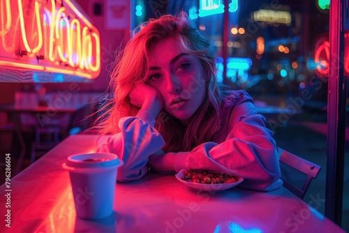 Woman sitting at table with plate of food, suitable for food and lifestyle concepts