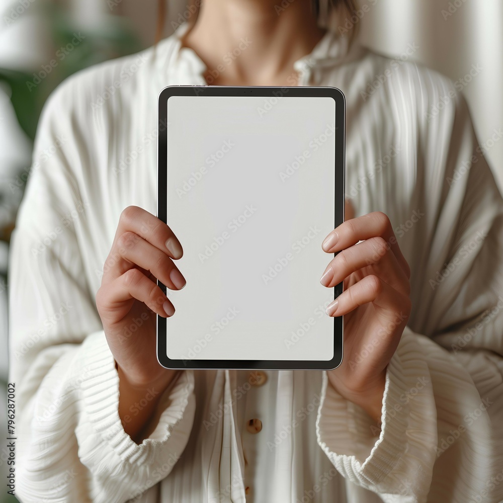 A woman shows a blank tablet screen. AI generate illustration