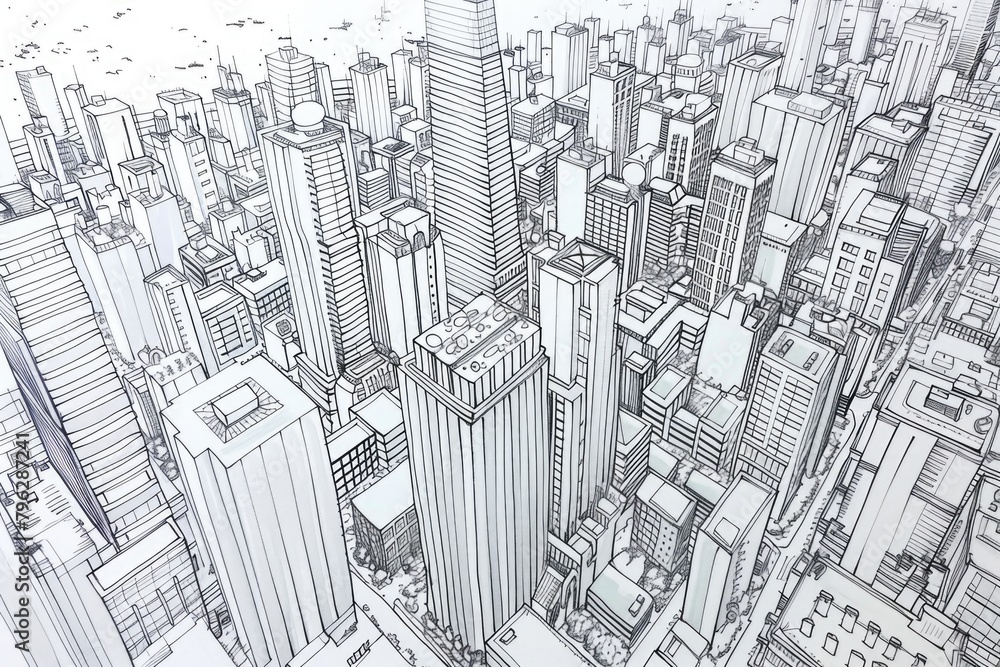 Detailed drawing of a bustling metropolis, suitable for urban design projects
