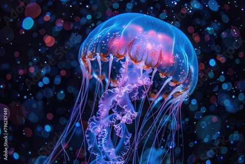 A jellyfish floating in the water with bubbles in the background. Suitable for marine life and underwater themes