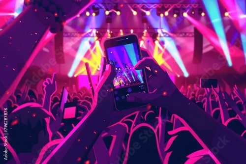 A person capturing a concert with their cell phone. Suitable for music event concepts
