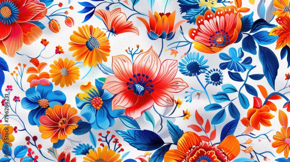 Vibrant close up of floral fabric, perfect for fashion or interior design projects