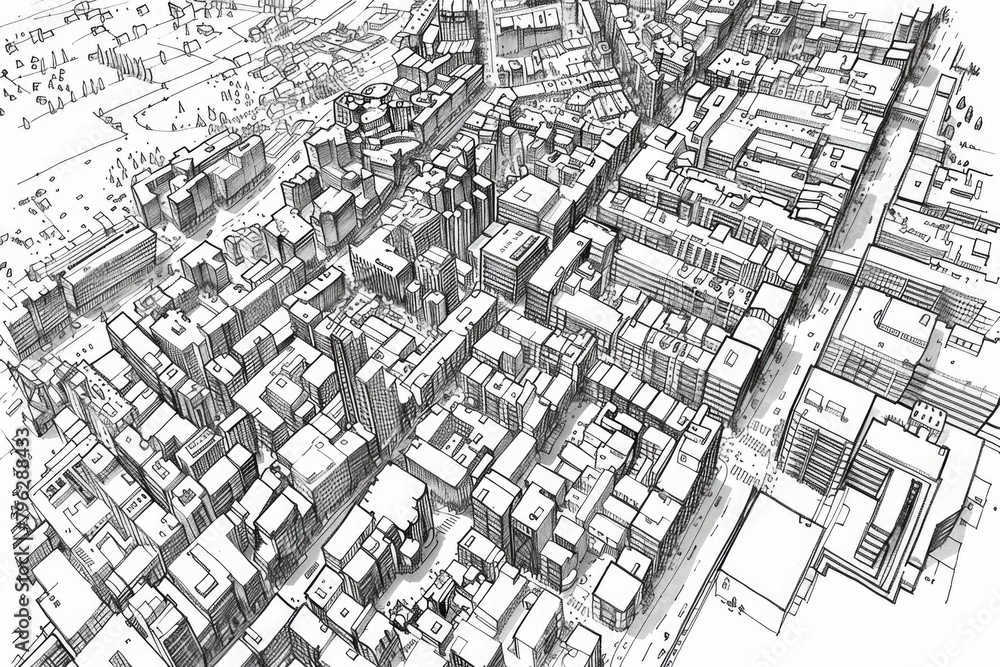 Detailed black and white drawing of a city, suitable for urban design projects