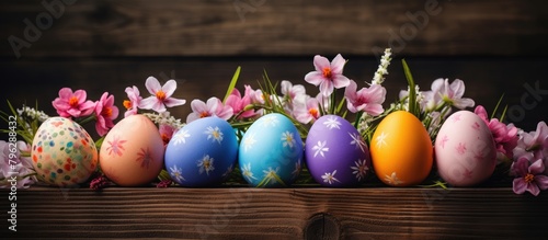 Painted eggs lined with blooming flowers
