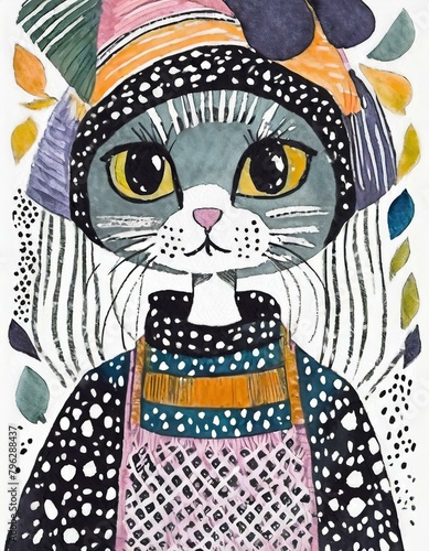 Cat portrait. African art card