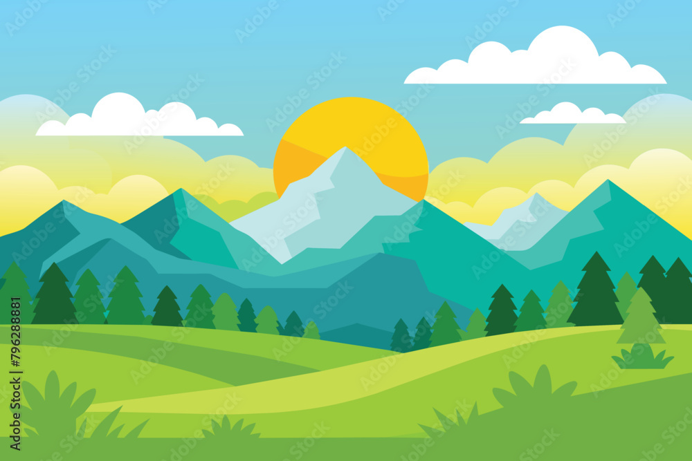 Cartoon flat panorama of spring summer beautiful nature, green grasslands meadow with mountains on horizon background, summer mountain landscape, dawn over the valley