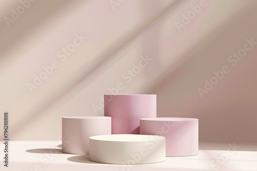 Four Round Podiums for Cosmetic, Soap, Items Presentation. Abstract Minimal Geometric Pedestal. Cylinder Forms, Soft Shadow. Product Object Show Scene. Showcase, Display Case. Beige Stand Backdrop Ad