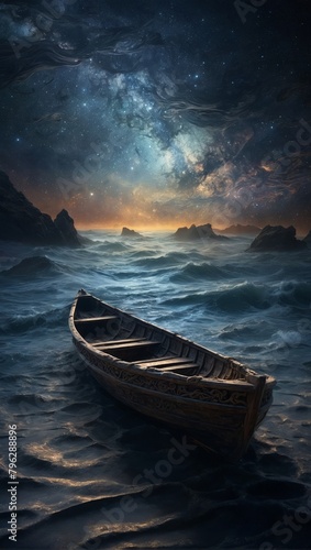 A surreal digital painting capturing the eerie presence of a spectral skiff amidst the vastness of the cosmos photo
