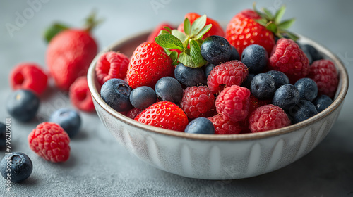 An Elegantly Presented Bowl of Mixed Fresh Berries  Including Luscious Strawberries  Ripe Blueberries  and Juicy Raspberries