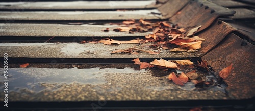 Leaves scattered on rooftop with water photo