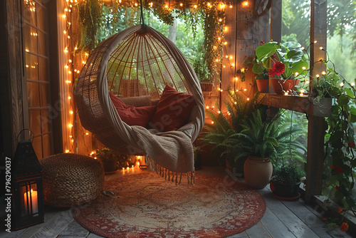 A cozy corner with a hammock chair and string lights.