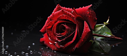 A red rose covered in water droplets photo