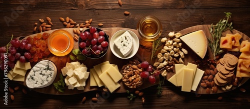 Platter of assorted snacks with cheese, crackers, grapes, nuts, honey
