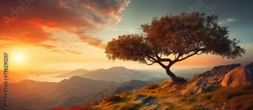 Alone tree mountain top sunset background photo