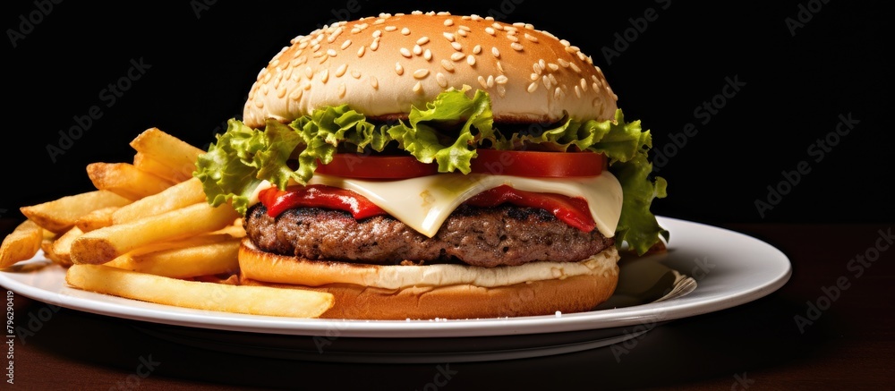 Close up of burger, fries on plate Close up of burger, fries on plate