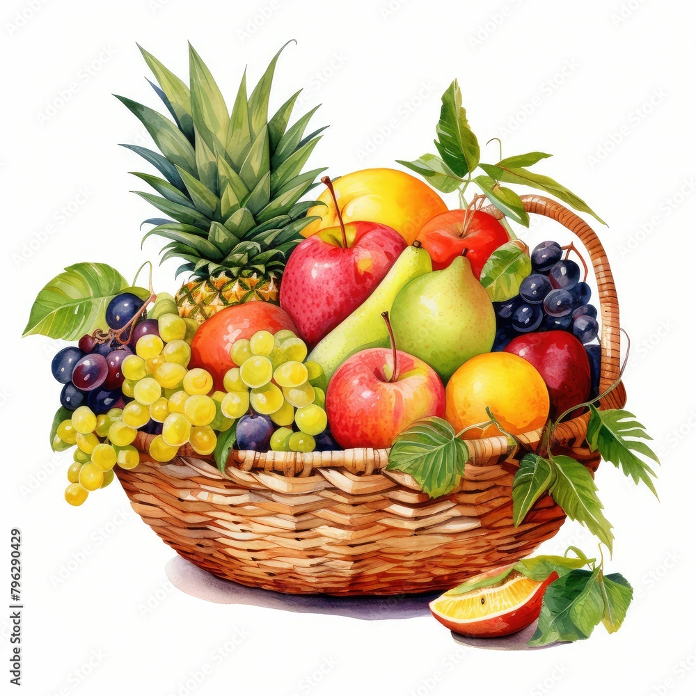 A vibrant assortment of tropical fruits in a basket. watercolor illustration, Perfect for nursery art, simple clipart,  fresh food design elements isolated on a white background.