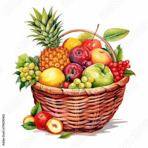 A vibrant assortment of tropical fruits in a basket. watercolor illustration  Perfect for nursery art  simple clipart   fresh food design elements isolated on a white background.