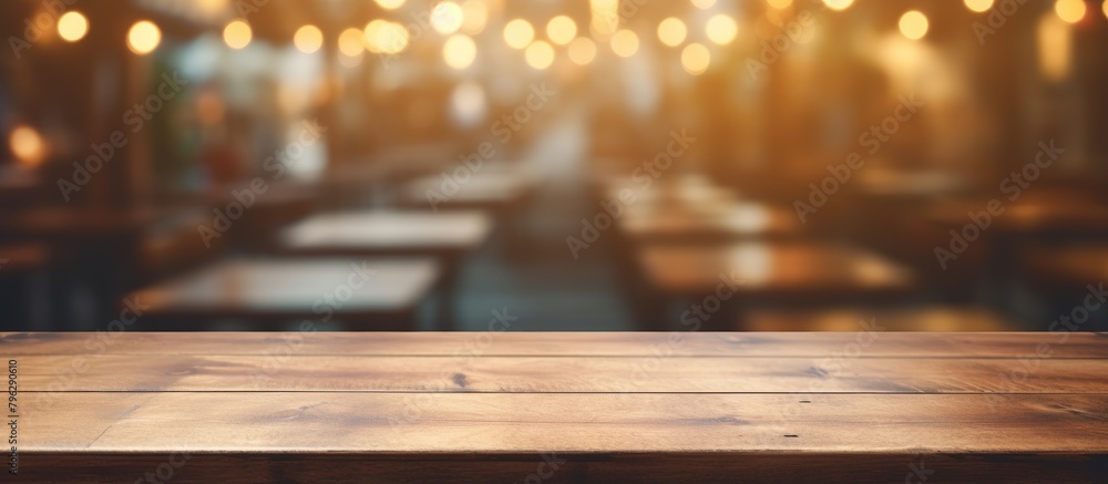 Wooden table top with soft lights in background