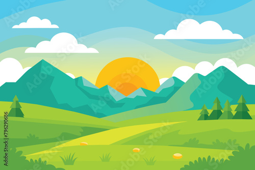 Cartoon flat panorama of spring summer beautiful nature, green grasslands meadow with mountains on horizon background, summer mountain landscape, dawn over the valley