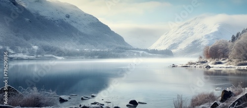 Snowy mountains and a body of water with rocks and snow