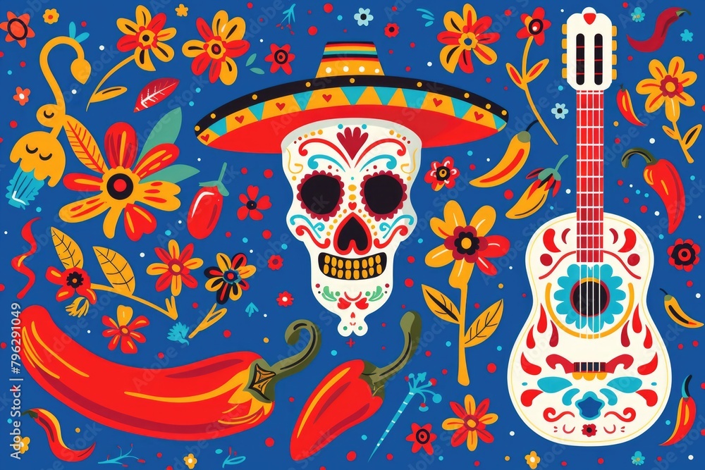 A guitar and Mexican skull surrounded by flowers and peppers. Suitable for Day of the Dead celebrations A guitar and Mexican skull surrounded by flowers and peppers. Suitable for Day of the Dead celebrations