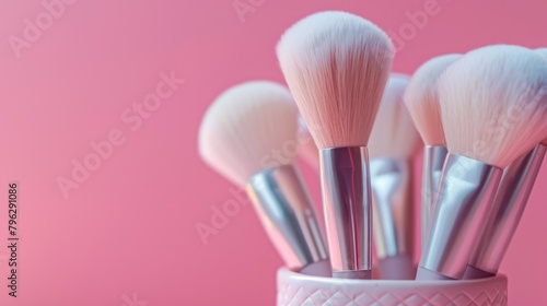 set of high-quality makeup brushes neatly arranged in a sleek brush holder  with a soft pastel color palette. 