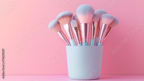 set of high-quality makeup brushes neatly arranged in a sleek brush holder  with a soft pastel color palette. 