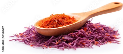 Wooden spoon displaying saffron close-up