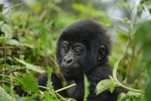 Gorilla Baby in the Wild. Adorable Baby Gorilla with Family in National Park © Serhii