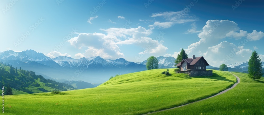 House on lush hill with scenic mountain backdrop