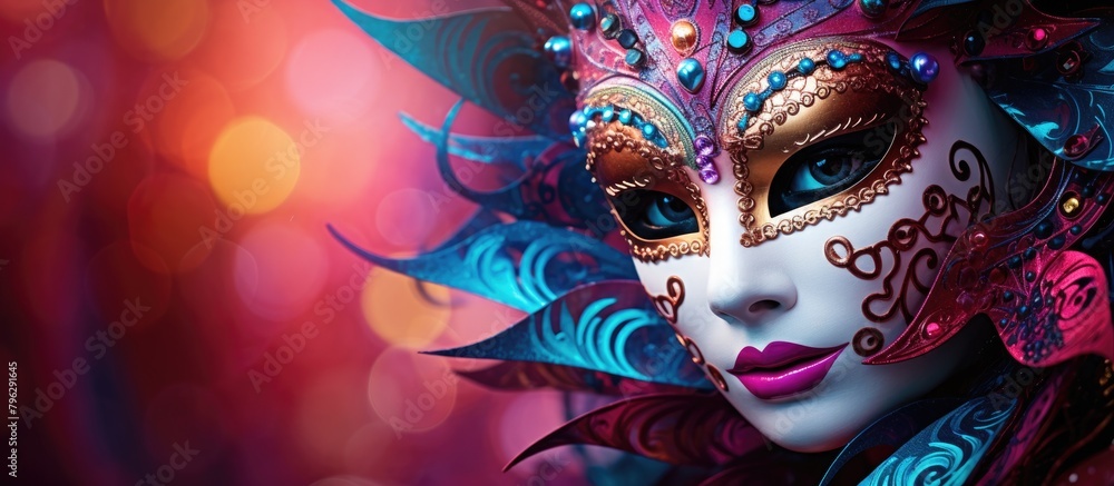 Woman in vibrant mask with feathers