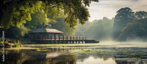 Boathouse at the tranquil lake shore
