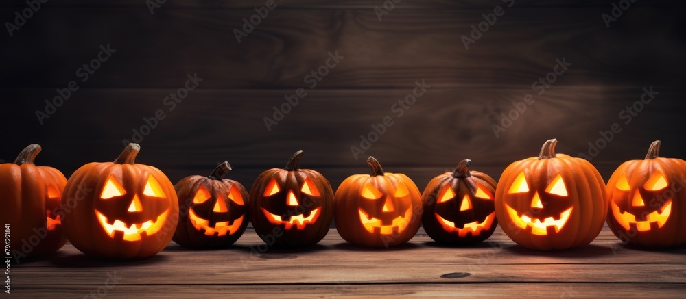 Naklejka premium Carved pumpkins with faces illuminated on wooden surface
