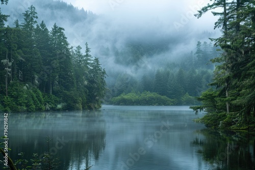 Misty Morning in Pacific Forest by The Lake  A Serene Landscape