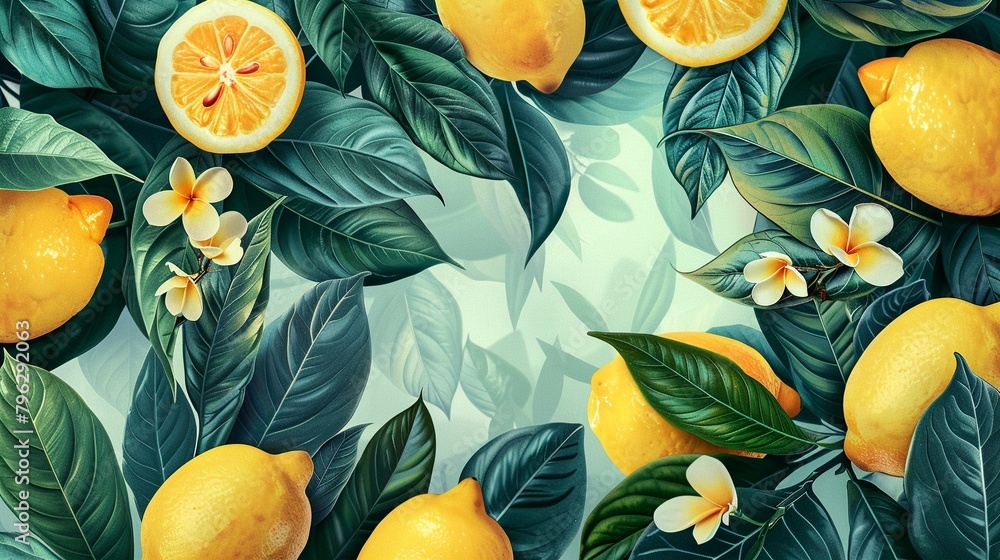 A whimsical handdrawn illustration featuring vibrant lemons and lush green leaves, adding a touch of cheerfulness and zest 8K , high-resolution, ultra HD,up32K HD - obrazy, fototapety, plakaty 